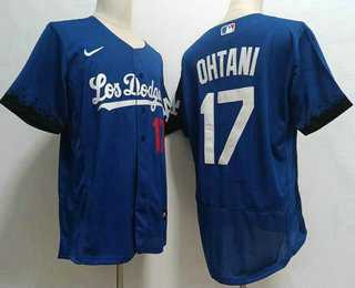 Mens Los Angeles Dodgers #17 Shohei Ohtani Number Blue 2021 City Connect Flex Base Stitched Jersey->los angeles dodgers->MLB Jersey